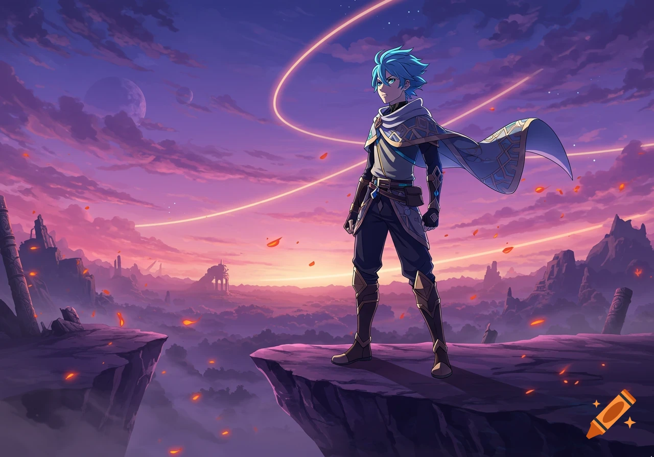 An anime character with blue hair and a cape stands on a cliff overlooking a vast fantasy landscape with a purple sky and two moons.