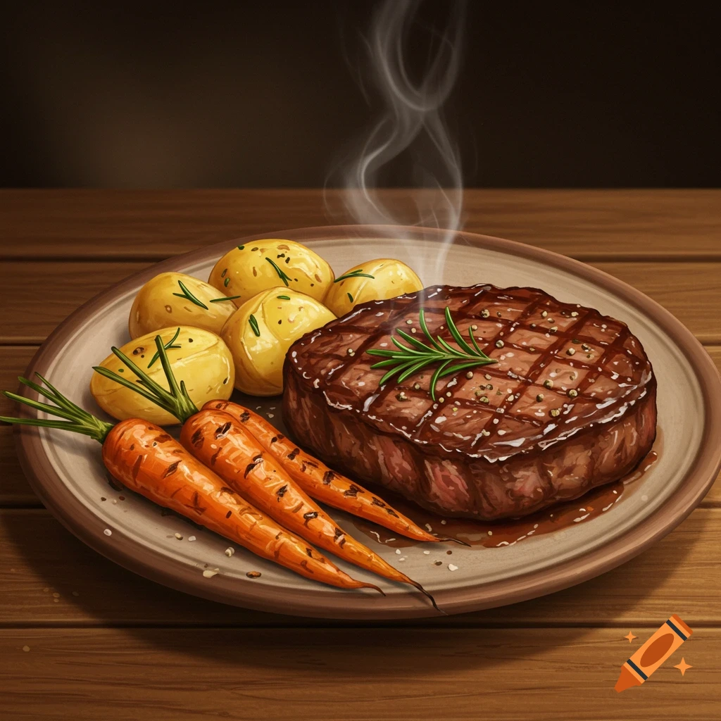A steaming plate of grilled steak with roasted potatoes and carrots on a wooden table.