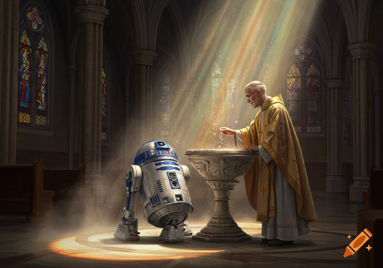 A robed man baptizes R2D2 in a sunlit church, with stained glass windows.