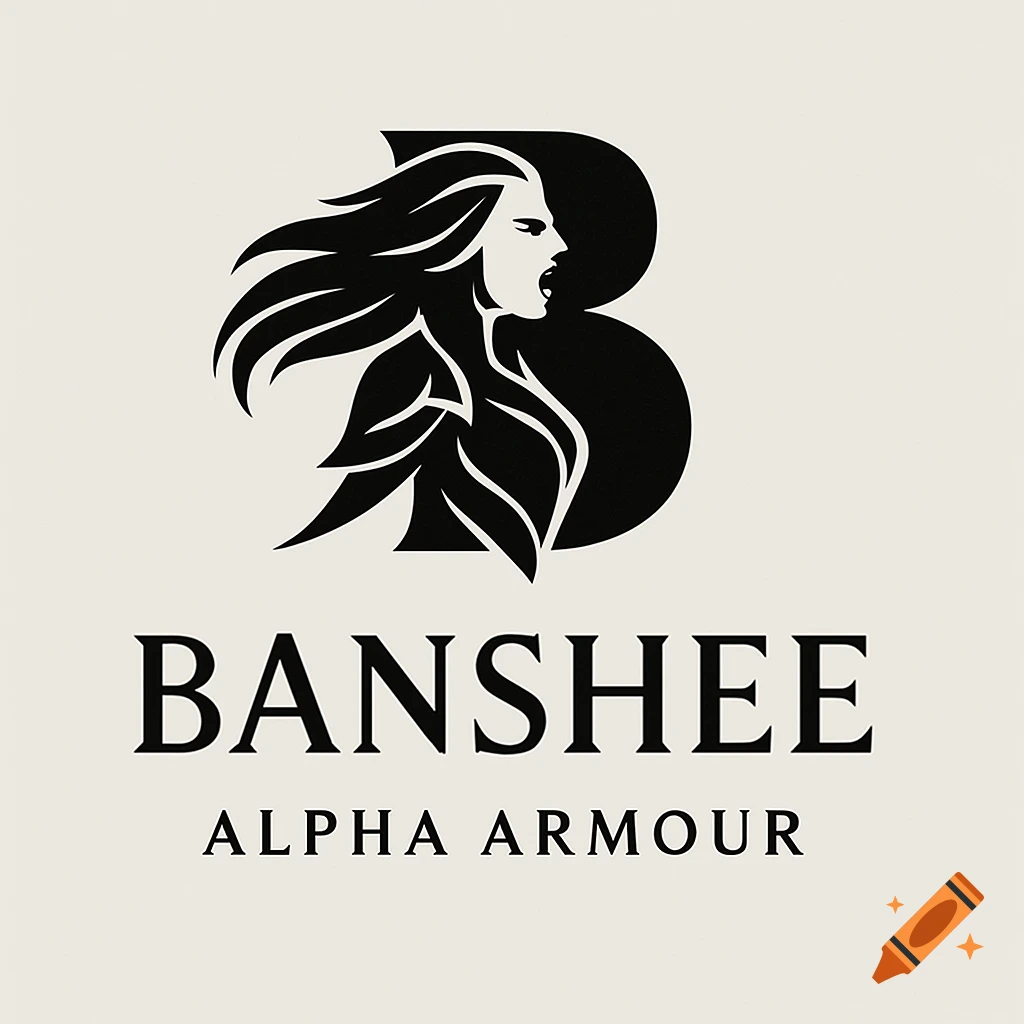 A black logo on a beige background featuring a stylized 'B' with a female figure screaming and flowing hair integrated into it, above the text "BANSHEE ALPHA ARMOUR".