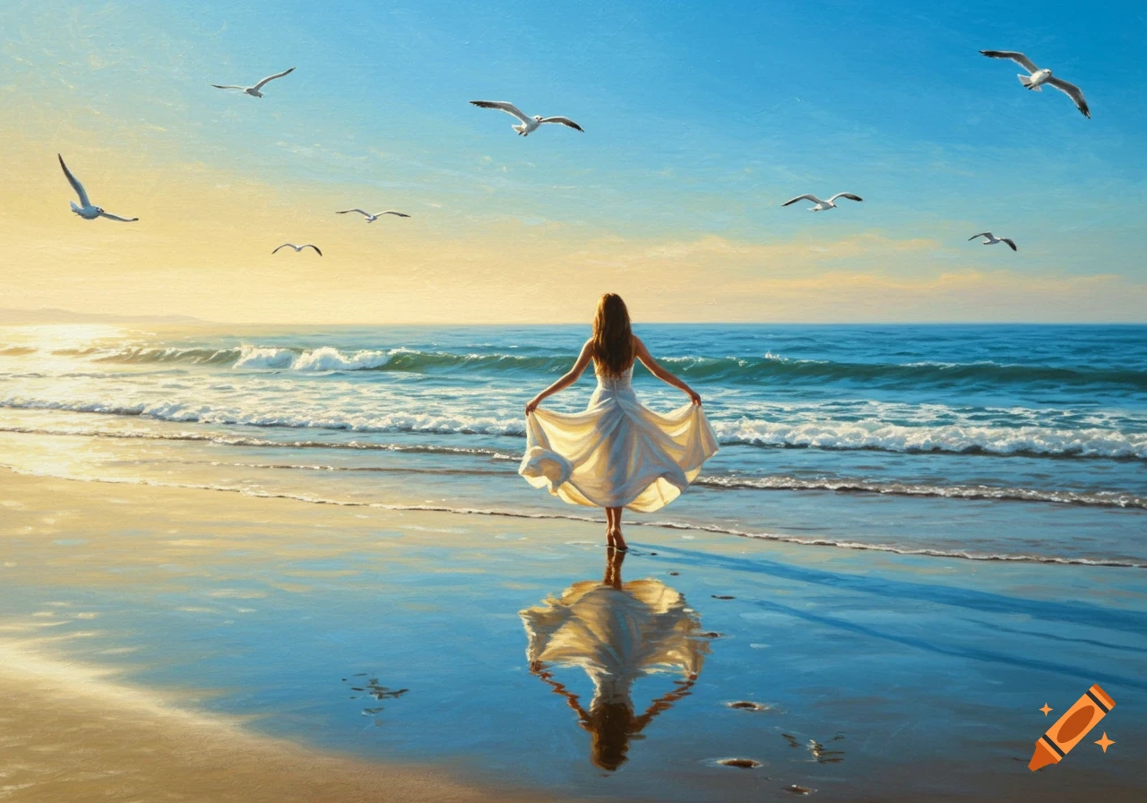 A woman in a white dress stands on a beach facing the ocean at sunset, with seagulls flying above her.