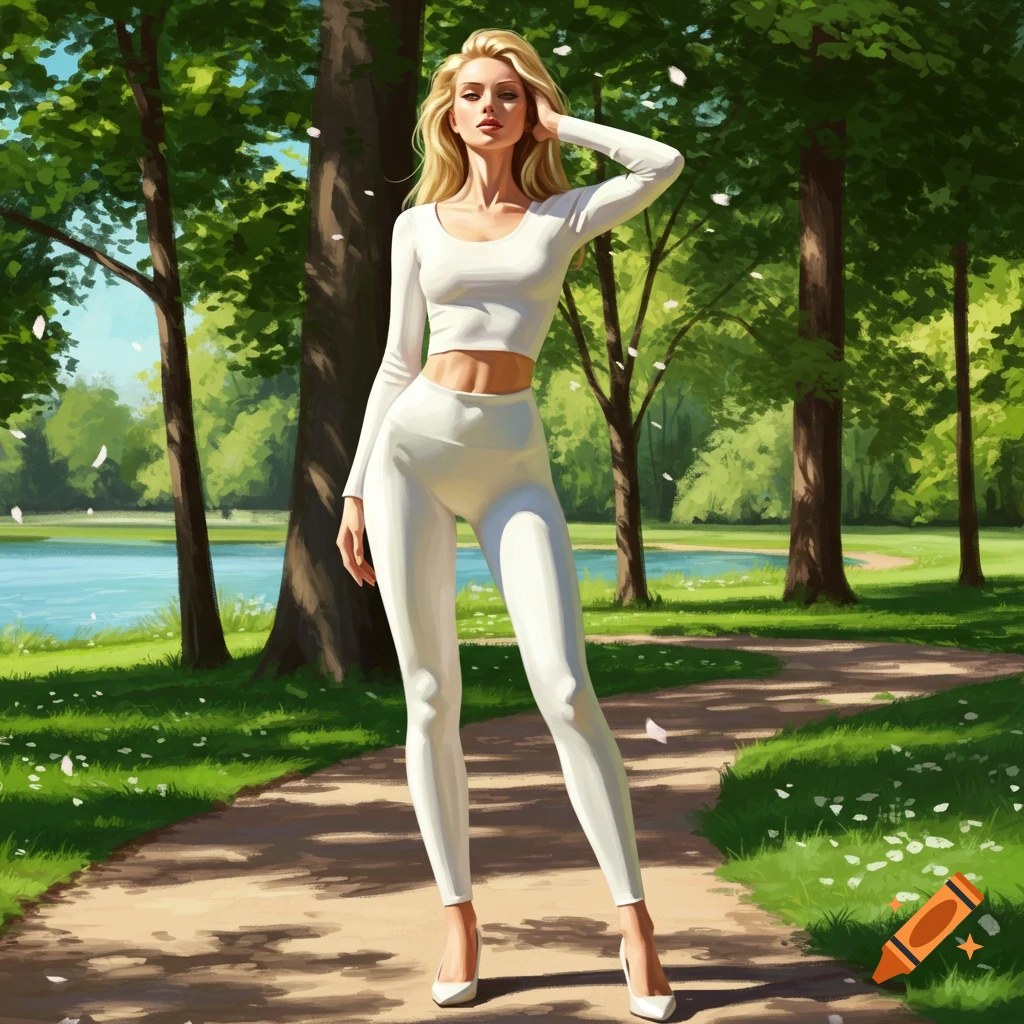 A woman in white leggings and a crop top poses on a park path surrounded by trees and a lake in an illustrated style.