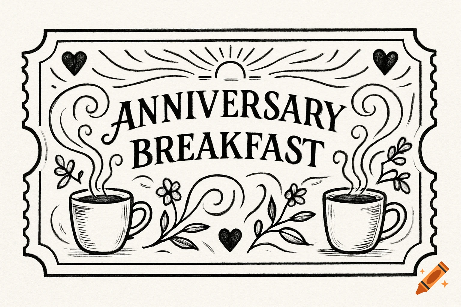 Black and white illustration of a decorative ticket for an anniversary breakfast, with coffee mugs, hearts, and sunshine motifs.