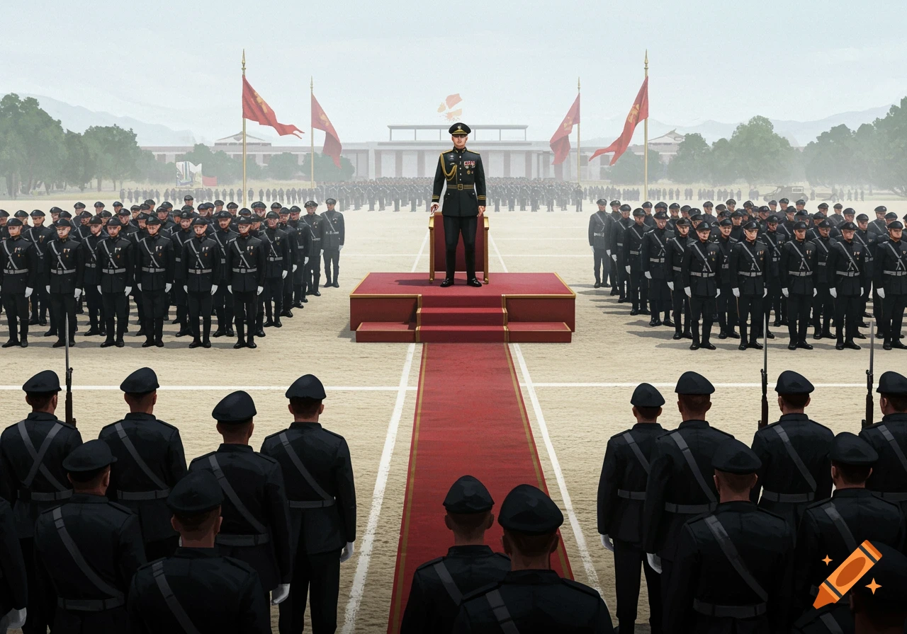 A military commander stands on a raised platform, overlooking rows of soldiers in dark uniforms on a parade ground.