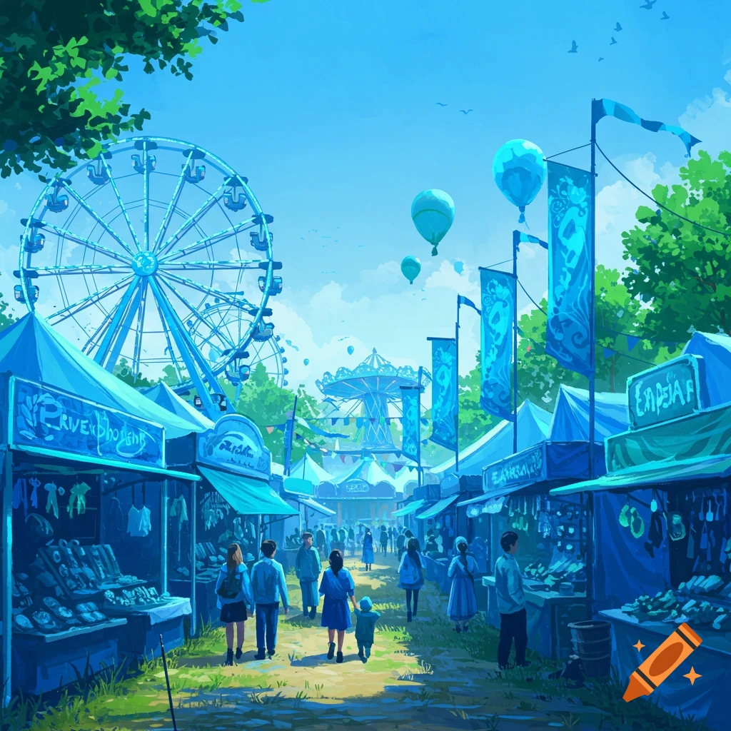 An illustration of a vibrant fairground with a blue Ferris wheel, market stalls, hot air balloons, and people walking.