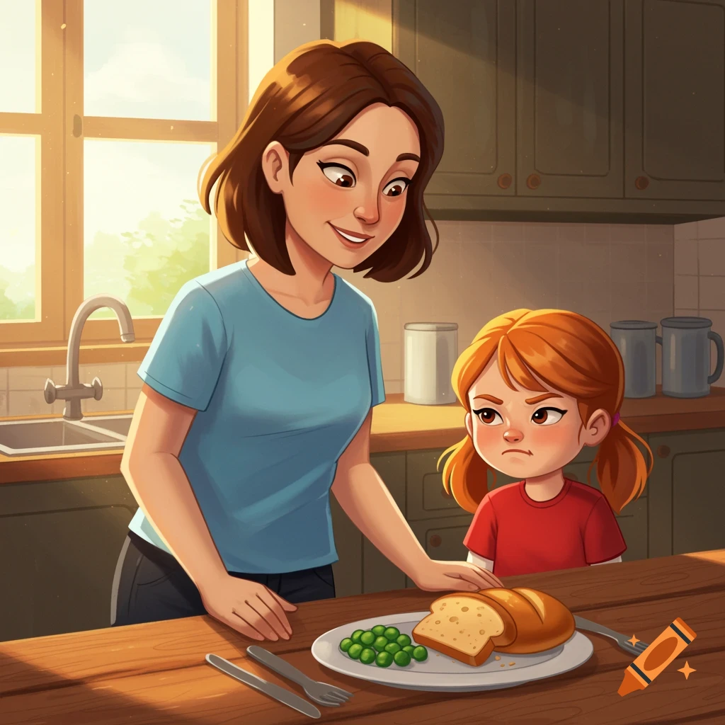 Cartoon of a mother and child in a kitchen. The child looks displeased with the peas and bread on the plate.