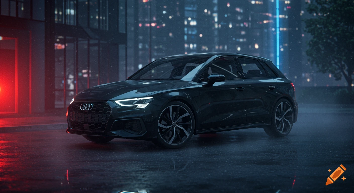 A dark Audi A3 car parked on a wet city street at night, with blurred red and blue lights in the background.