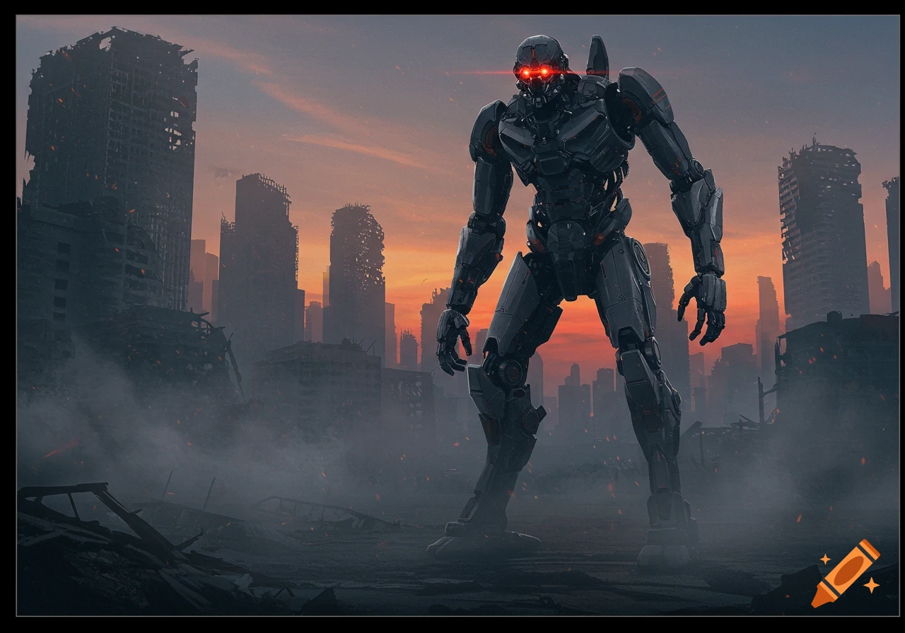 A large dark robot with glowing red eyes stands in a ruined city at sunset, in a post-apocalyptic style.
