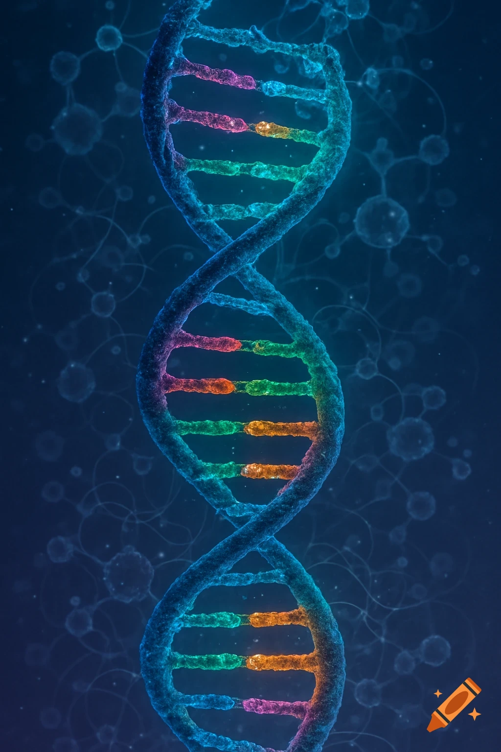 A colorful, glowing DNA double helix structure against a dark, blurry background with abstract cell-like elements.