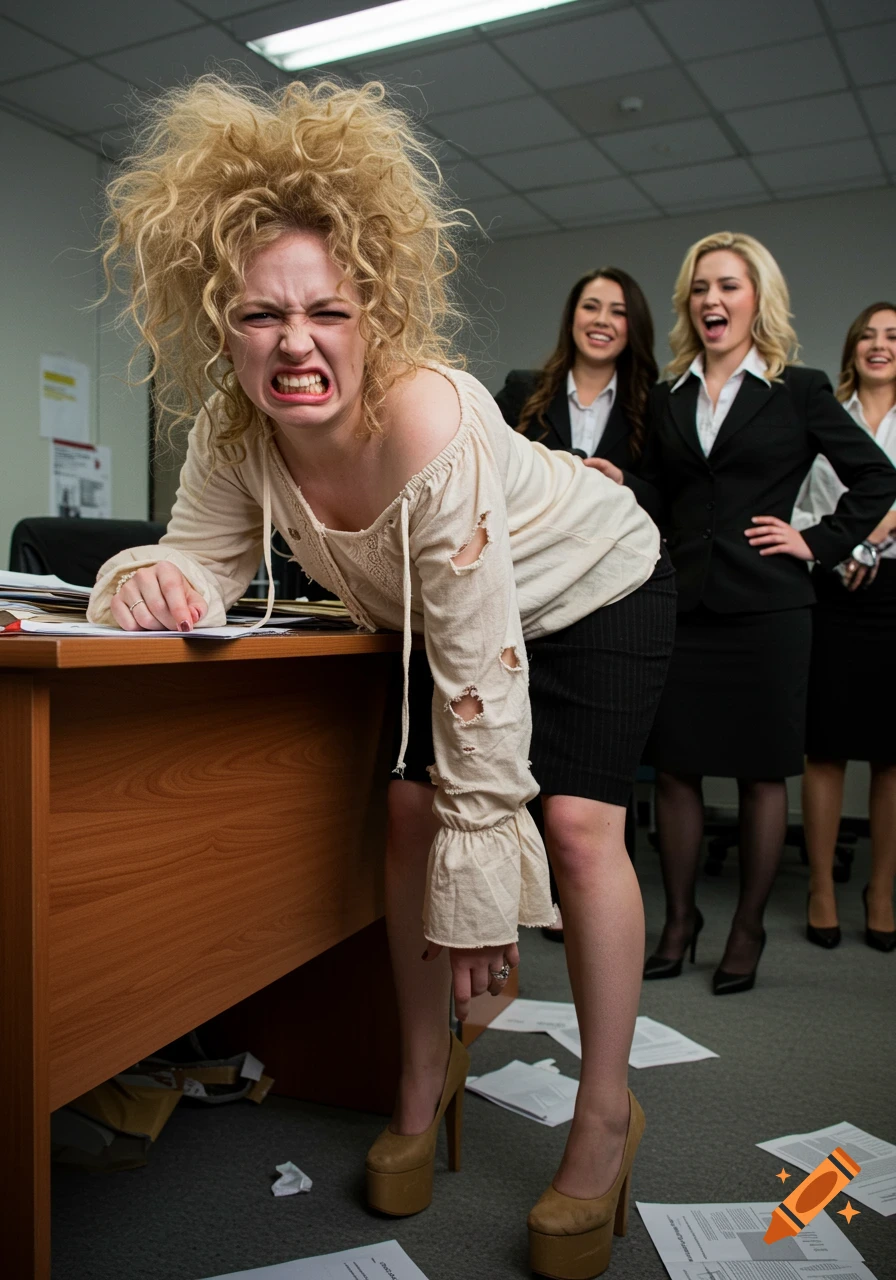 A disheveled woman with messy blonde hair grimaces, leaning on a desk in a messy office. Three businesswomen laugh in the background.