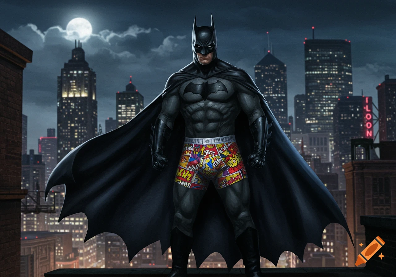 Illustration of Batman in his suit and cape, wearing colorful comic-style boxers over his pants, standing on a rooftop overlooking Gotham at night.