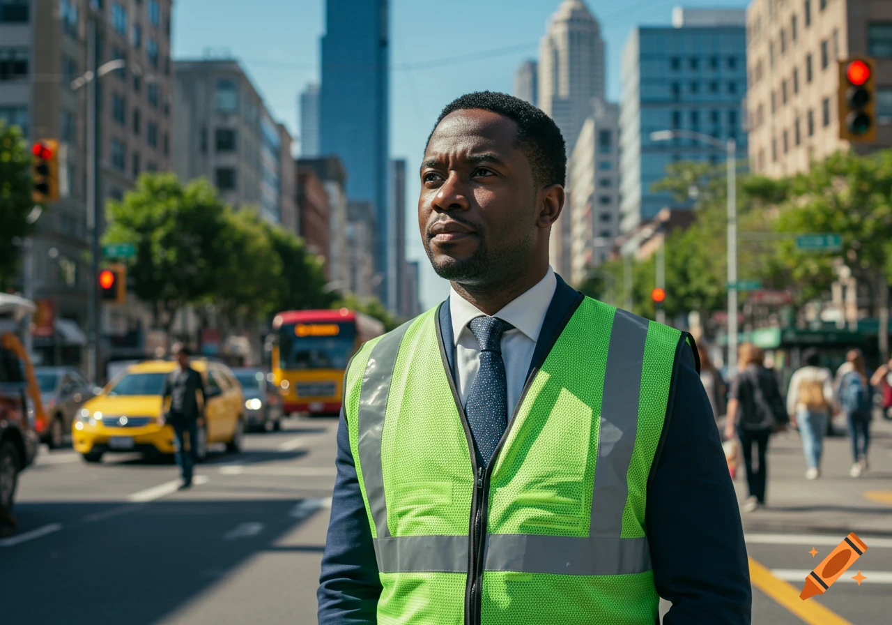 Photorealistic portrait of a Black American man in a suit and neon green reflective vest standing on a busy city street.