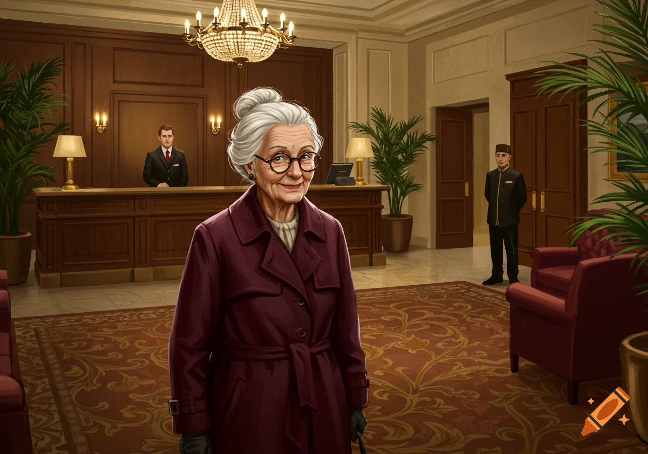 An old woman in a purple coat stands smiling in a hotel lobby with a reception desk and two male staff members.