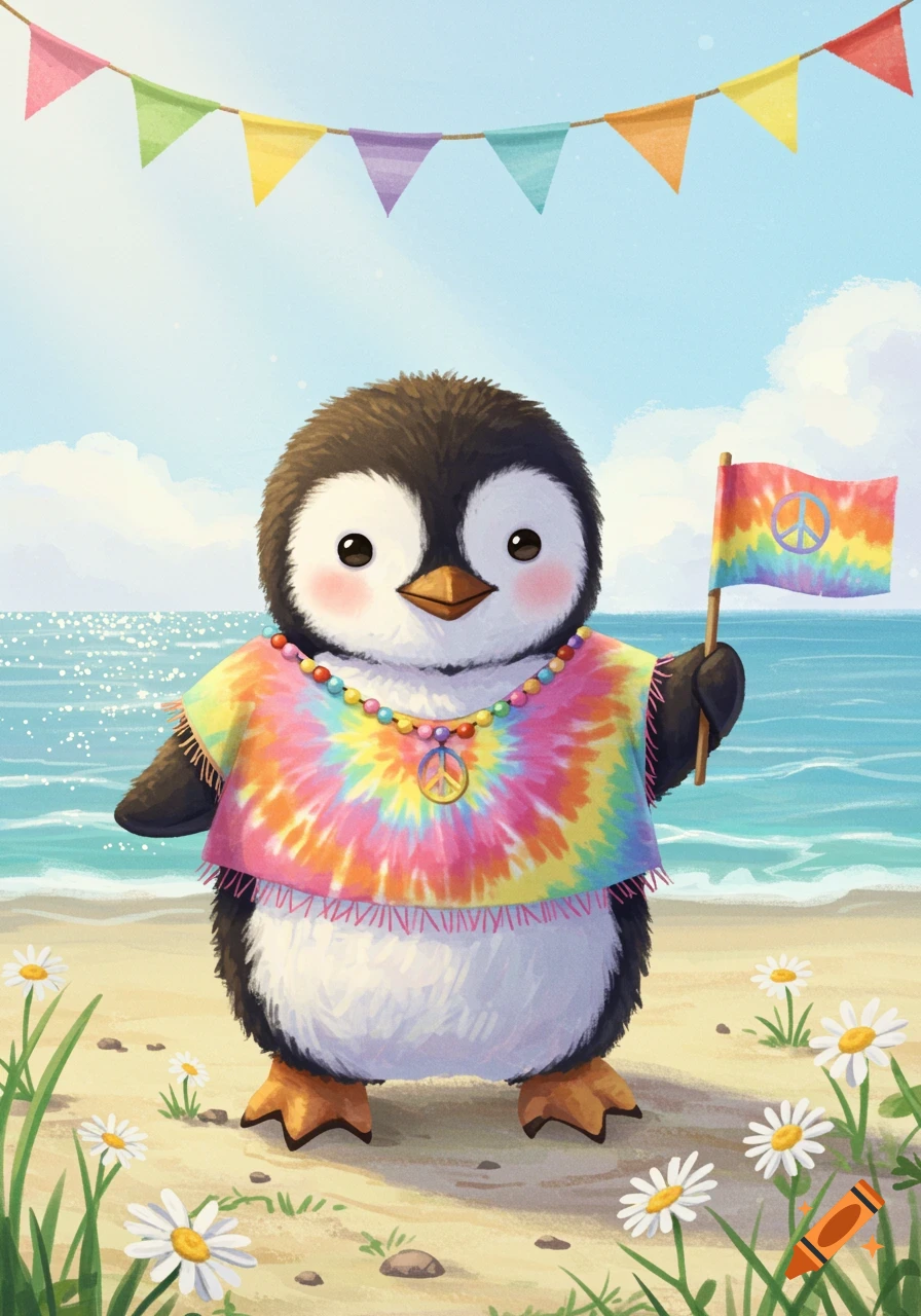 A cute cartoon penguin wearing a tie-dye shirt and a peace sign necklace, holding a rainbow peace flag on a sunny beach with daisies.