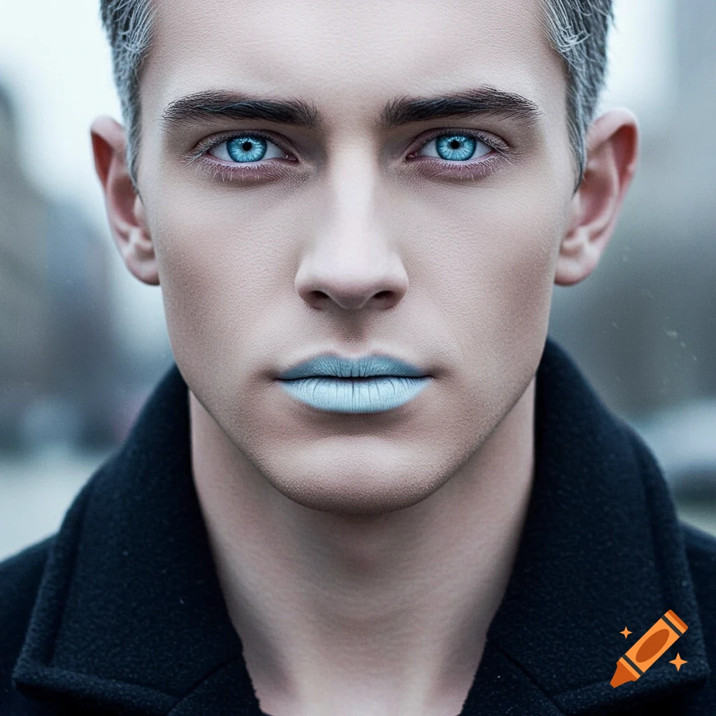 Close-up portrait of a man with bright blue eyes, silver hair, and light blue lips.