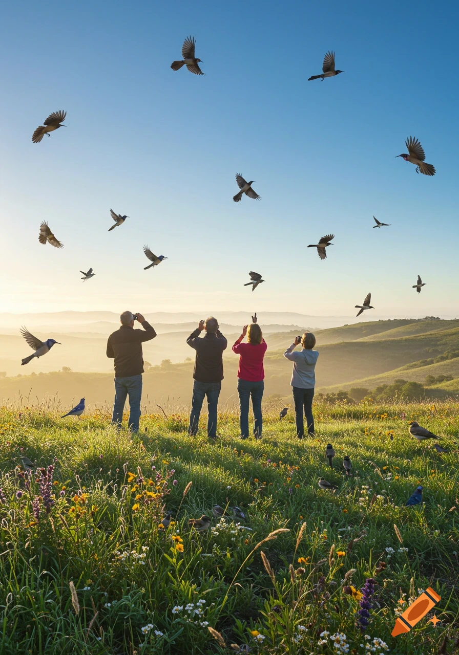 Four people on a grassy hill watch numerous wild birds flying in a clear sky above rolling hills.