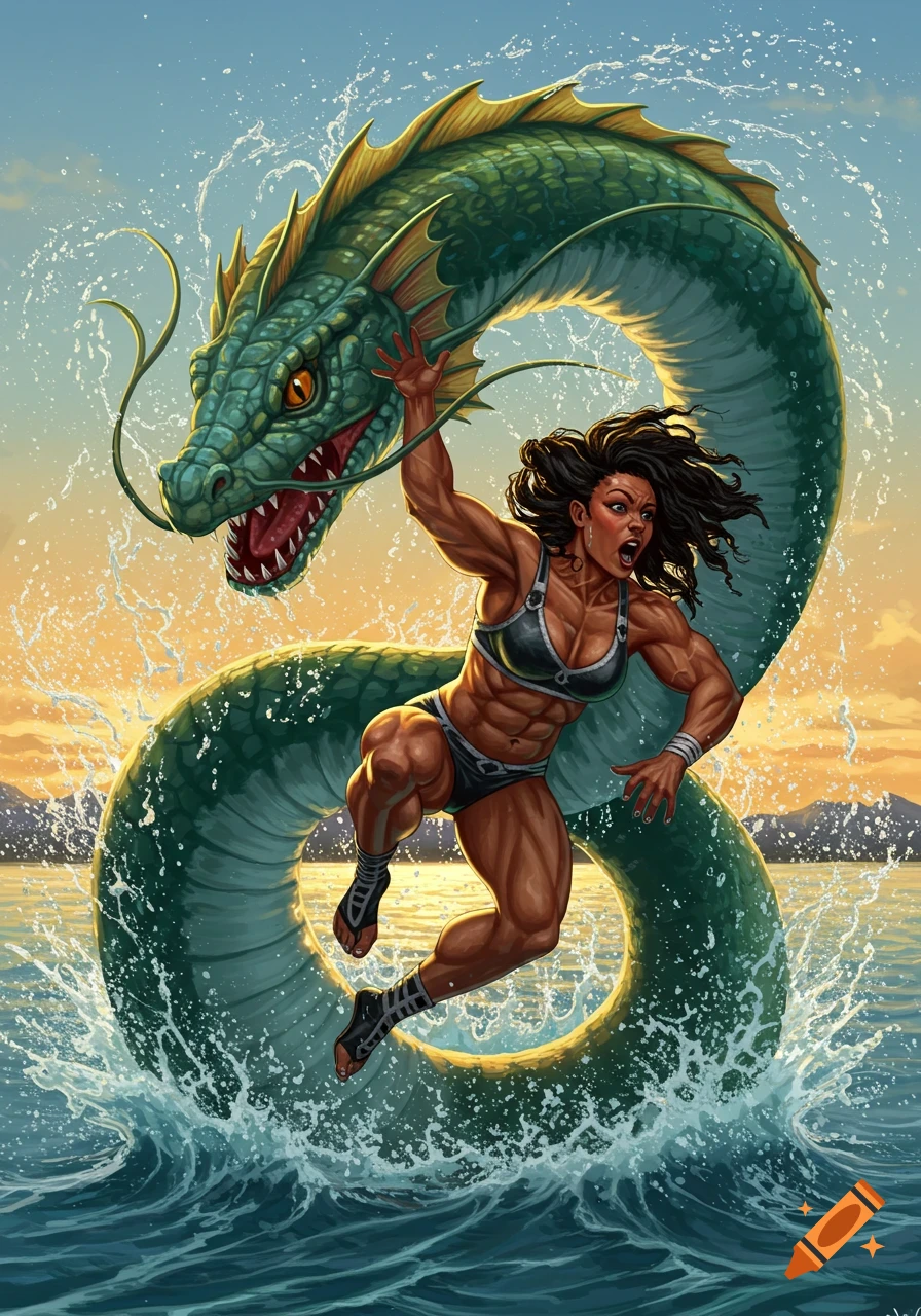 A muscular female wrestler fights a large green sea monster, grappling it in splashing water at sunset. Detailed illustration.