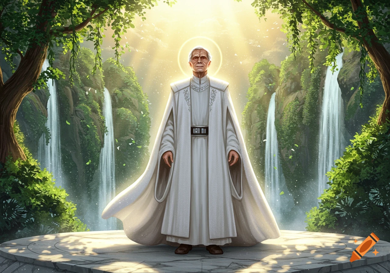 An old man in white robes with a halo stands on a stone platform between two waterfalls, bathed in golden light.