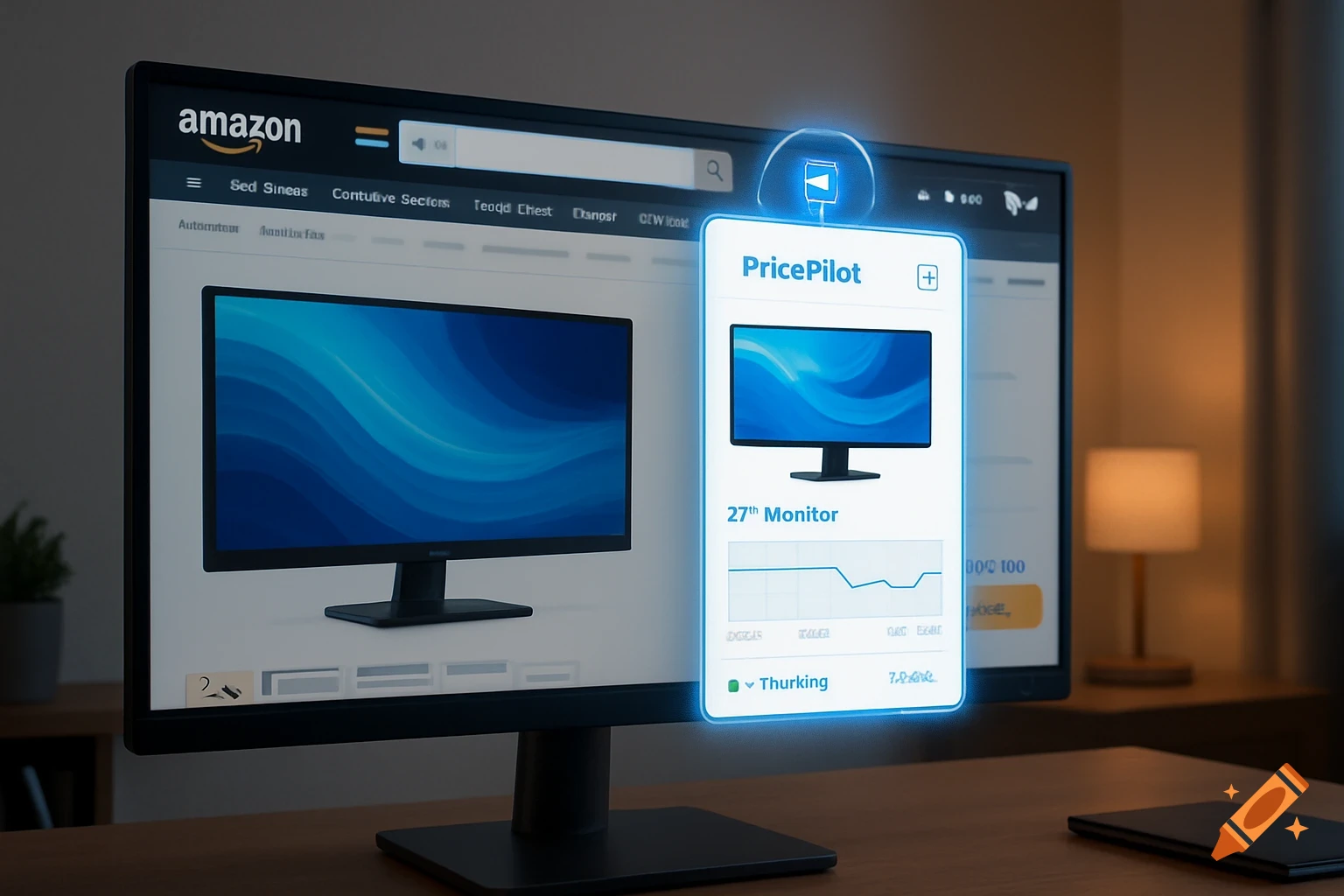 A close-up of a computer monitor displaying an Amazon product page with a price tracking extension pop-up active, showing a monitor product and a price history chart in a home office setting.