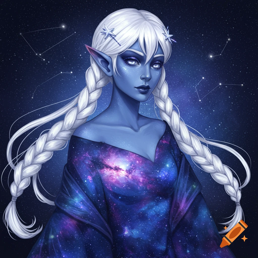 Portrait of an ethereal woman with blue skin, pointed ears, white braids, wearing a galaxy dress, against a starry sky with constellations.