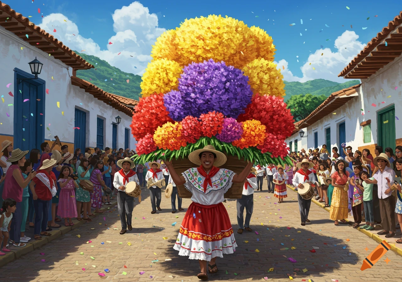 A colorful illustration of a person carrying a large floral arrangement, leading a vibrant street parade in Colombia.