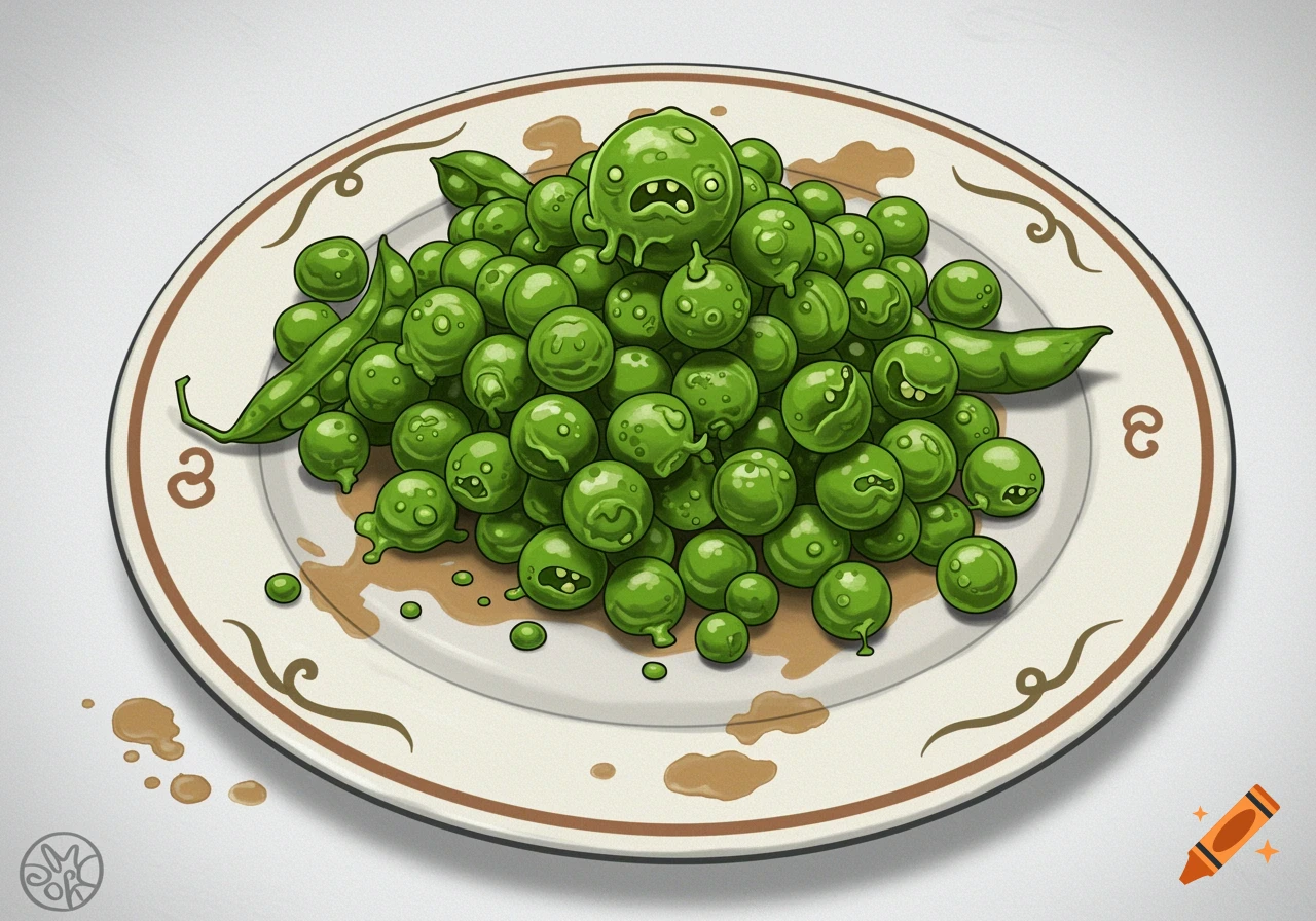 Cartoon illustration of a plate piled with green, grotesque peas with faces and gooey textures.