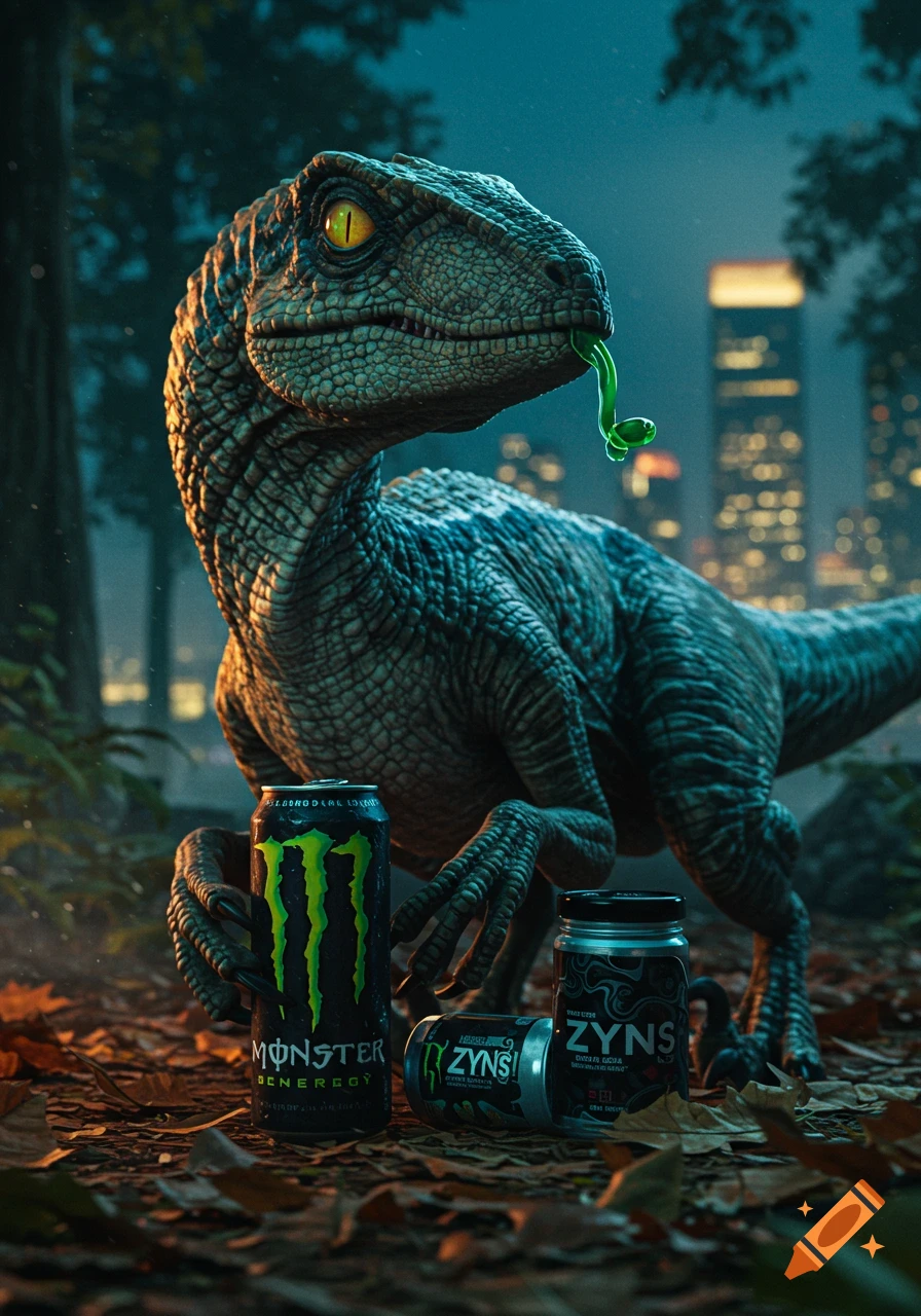 Photorealistic raptor in a dark forest with city lights, looking at a glowing green tendril, next to Monster and Zyns cans.