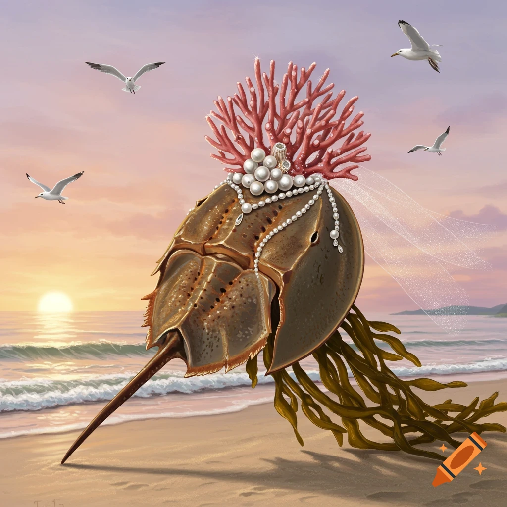 A horseshoe crab adorned as a bride with coral, pearls, and a veil stands on a sandy beach at sunset with seagulls flying.