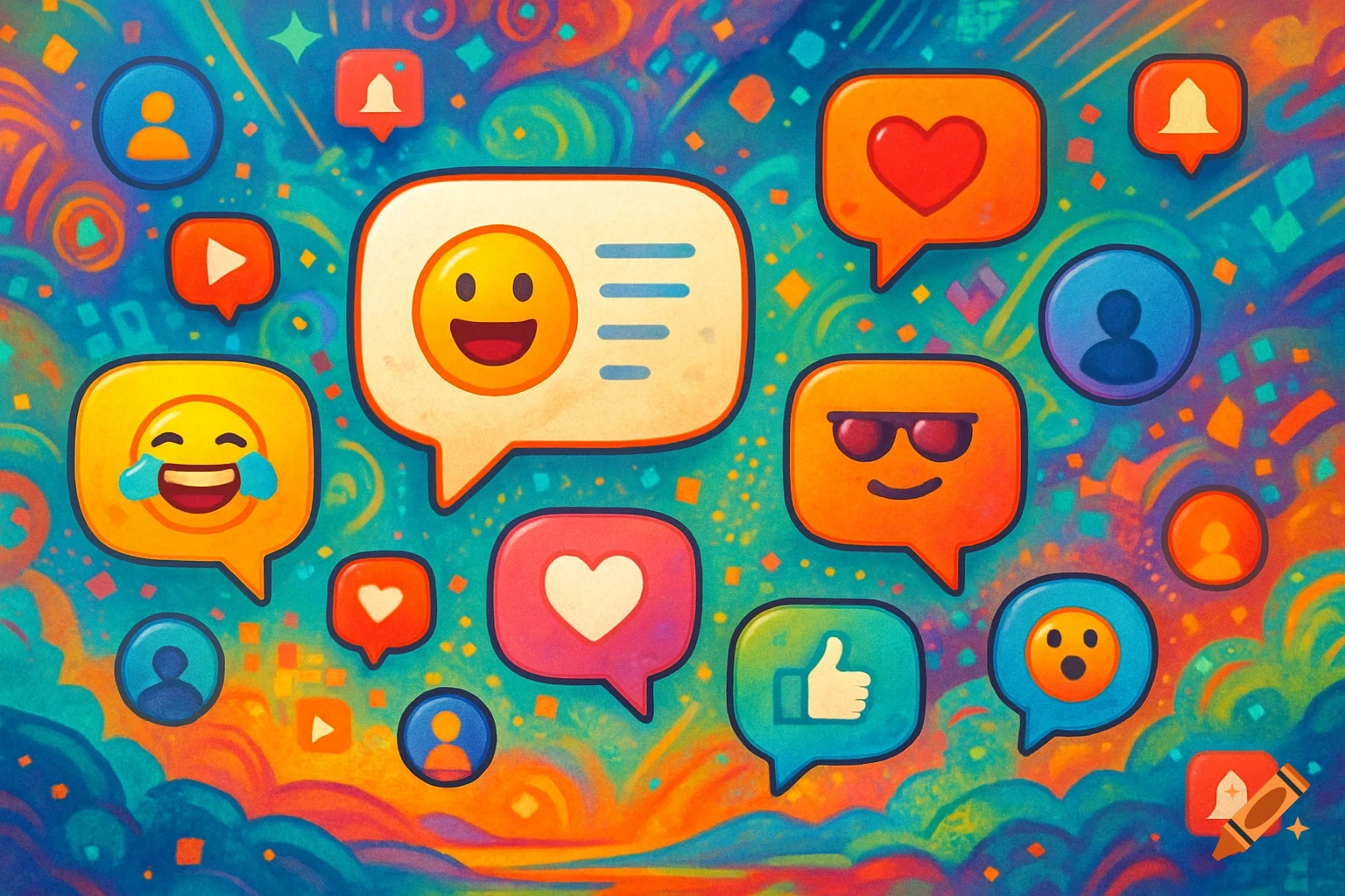 Vibrant digital illustration of social media icons and emojis including speech bubbles, hearts, thumbs up, and user profiles on a colorful background.
