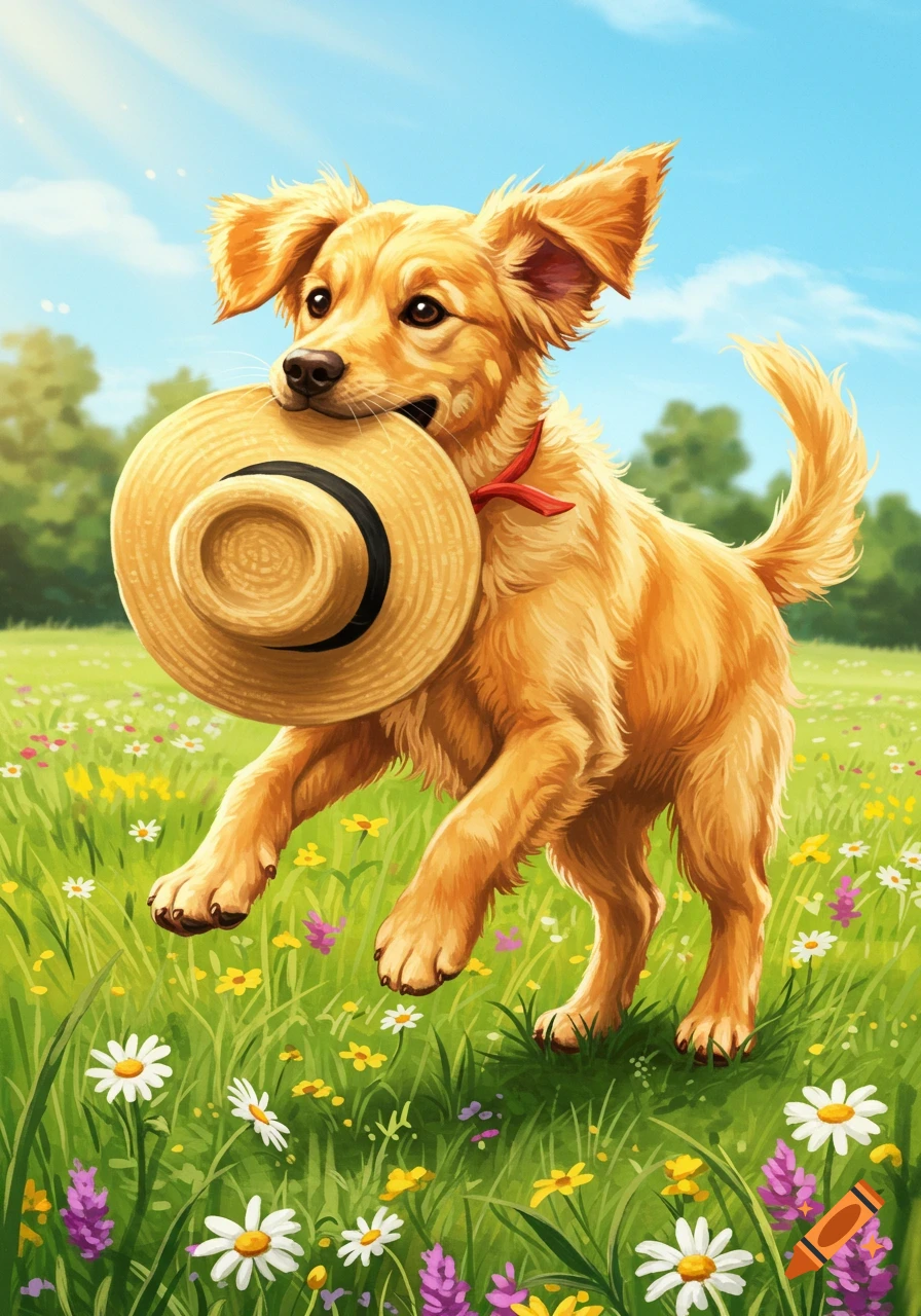 Illustrated golden retriever puppy running with a straw hat in its mouth through a vibrant field of wildflowers.