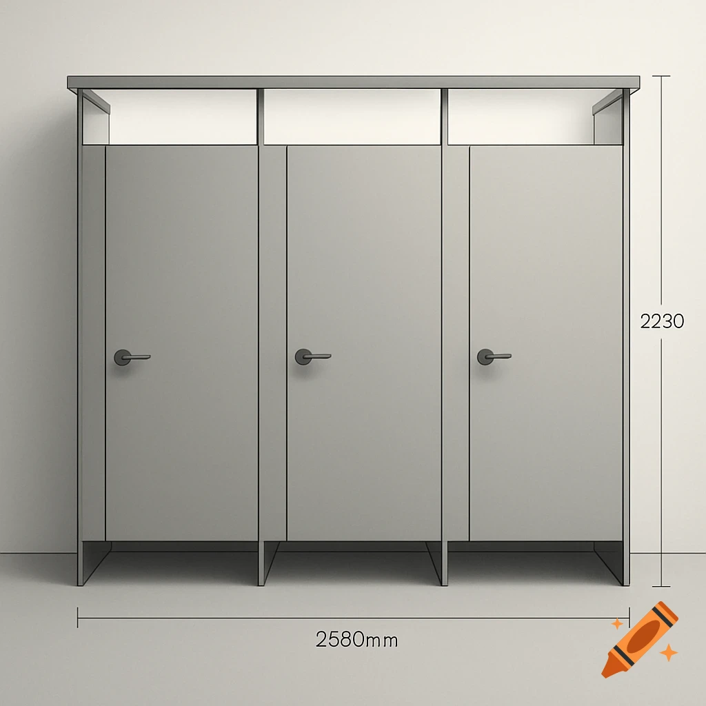 A front-on technical drawing of three grey public toilet cubicles with overhead support beams and dimensions.
