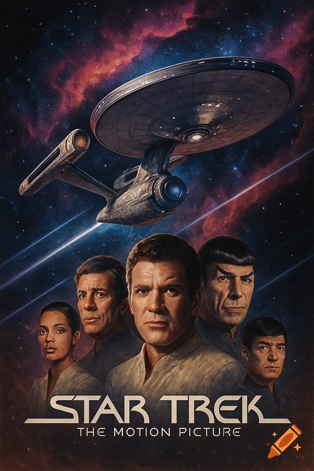 A vintage-style movie poster for Star Trek: The Motion Picture, featuring the USS Enterprise and main characters against a starry nebula background.