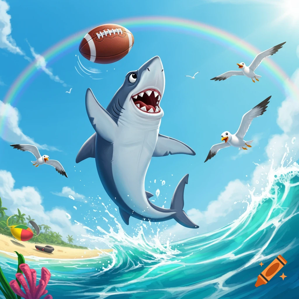 A happy cartoon shark jumps out of the ocean to catch a football, with seagulls and a rainbow in the sky.