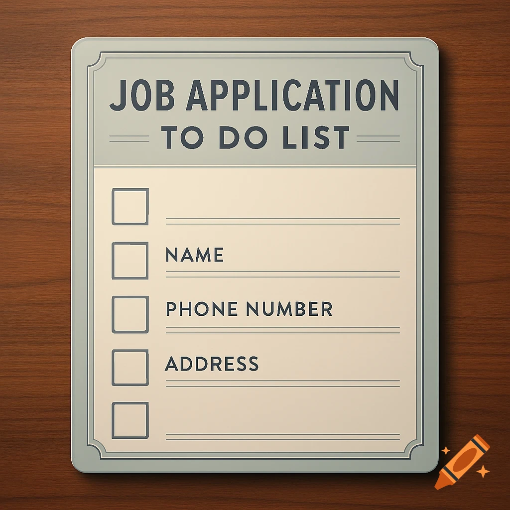 A job application to-do list form on a wooden background, with fields for name, phone number, and address.