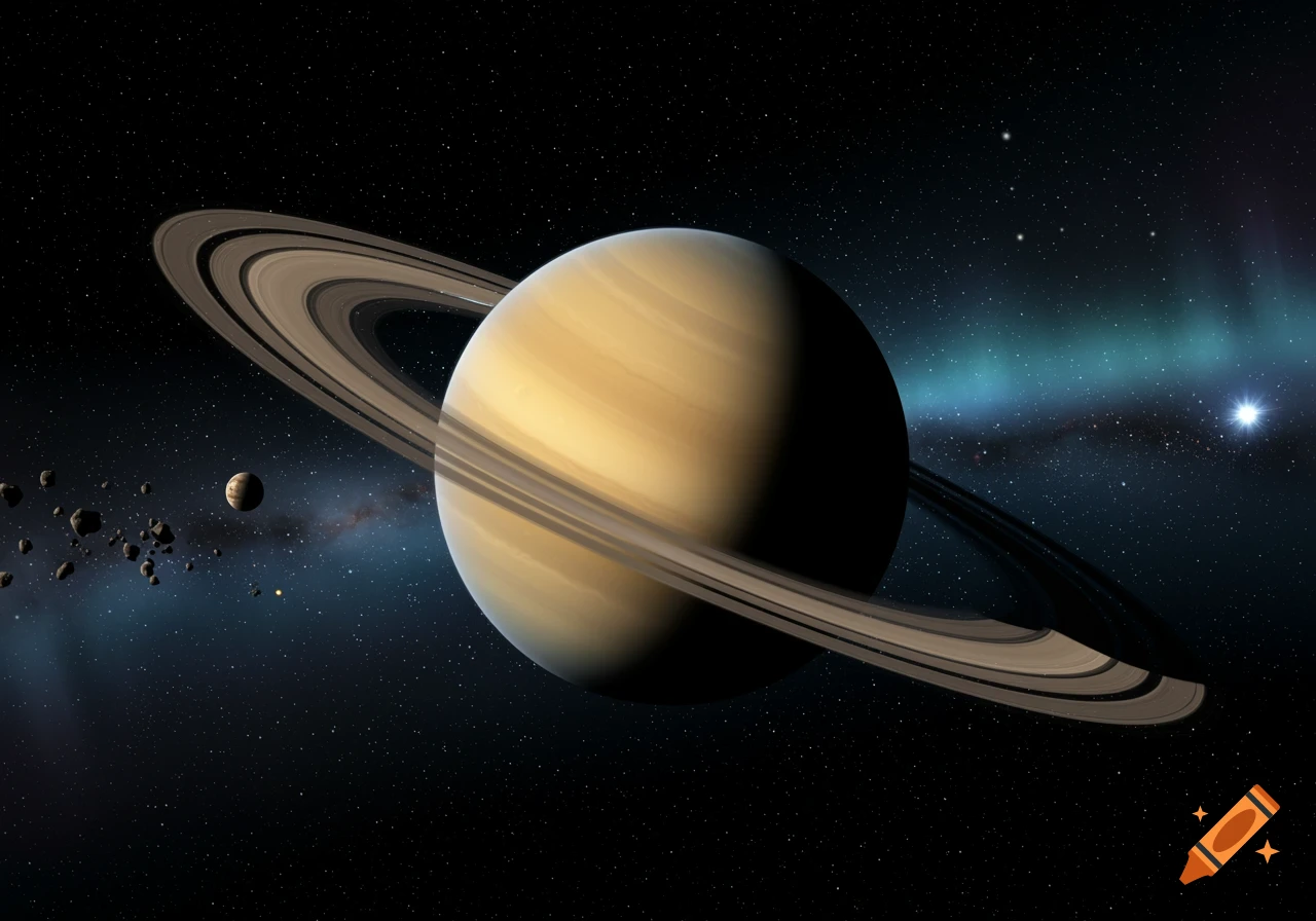 A photorealistic depiction of the planet Saturn with its rings, a small moon, and asteroids against a starry dark space background with a distant nebula.
