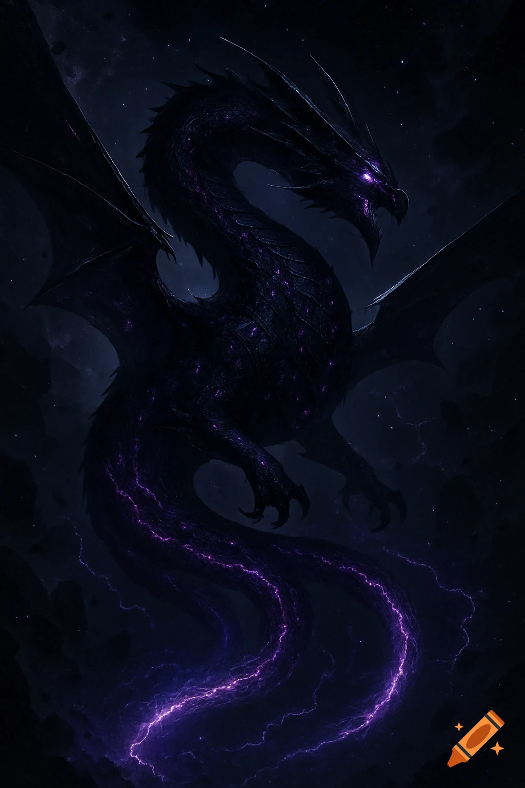 A majestic dark dragon with glowing purple eyes and lightning-like purple energy trailing from its body, set against a dark, starry cosmic background.
