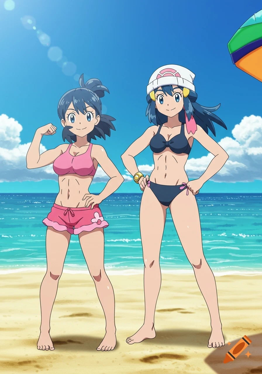 Two anime girls, a mom in pink and her daughter in dark blue swimsuits, flex on a sunny beach.