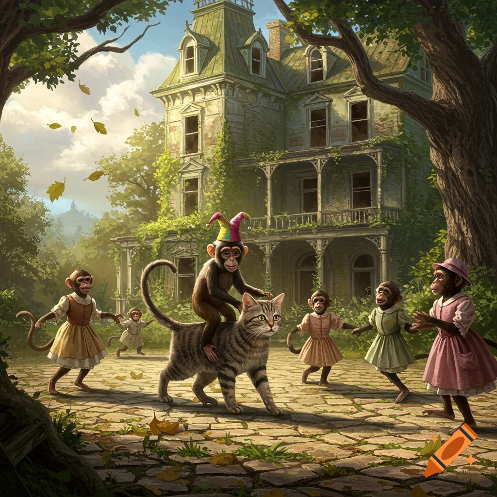 A monkey in a jester hat rides a tabby cat while other monkeys dance on a stone path in front of an overgrown abandoned house.
