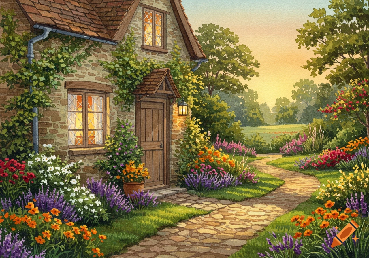 Watercolor painting of a quaint stone cottage with a vibrant flower garden and a winding path at sunset.