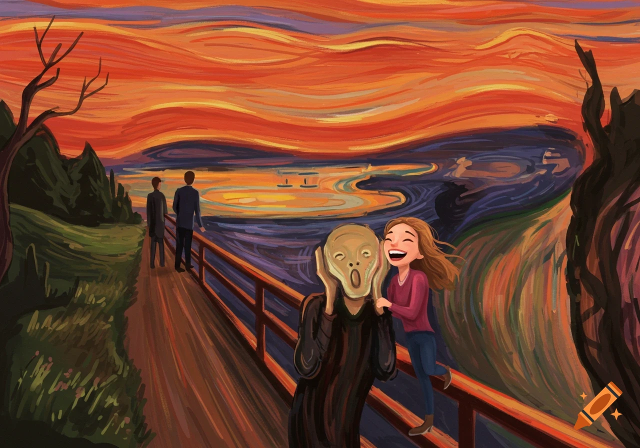 A cartoon reinterpretation of Edvard Munch's The Scream, with a laughing girl playfully holding the screaming figure's head.
