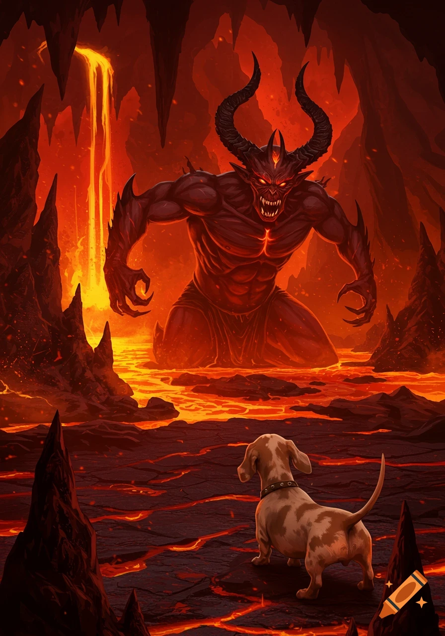 A small dachshund dog faces a large red horned demon in a hellish cave with flowing lava.
