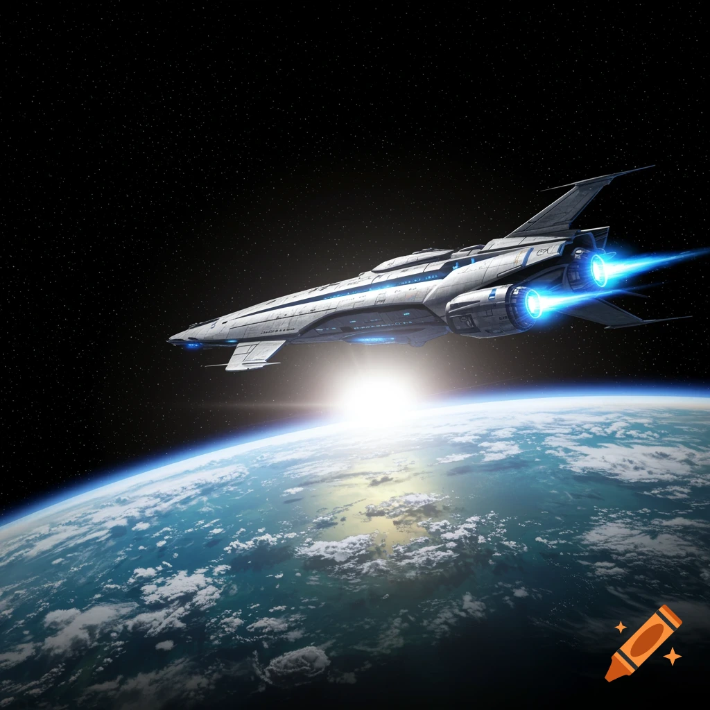 A sleek spaceship with glowing blue thrusters flies above Earth, illuminated by a sunrise in the vast dark expanse of space.
