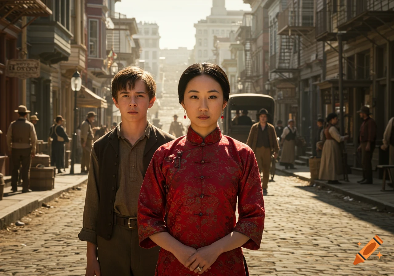 Photorealistic image of a serious Chinese woman in a red dress standing before a boy on a cobblestone street in a 1850s gold rush town.