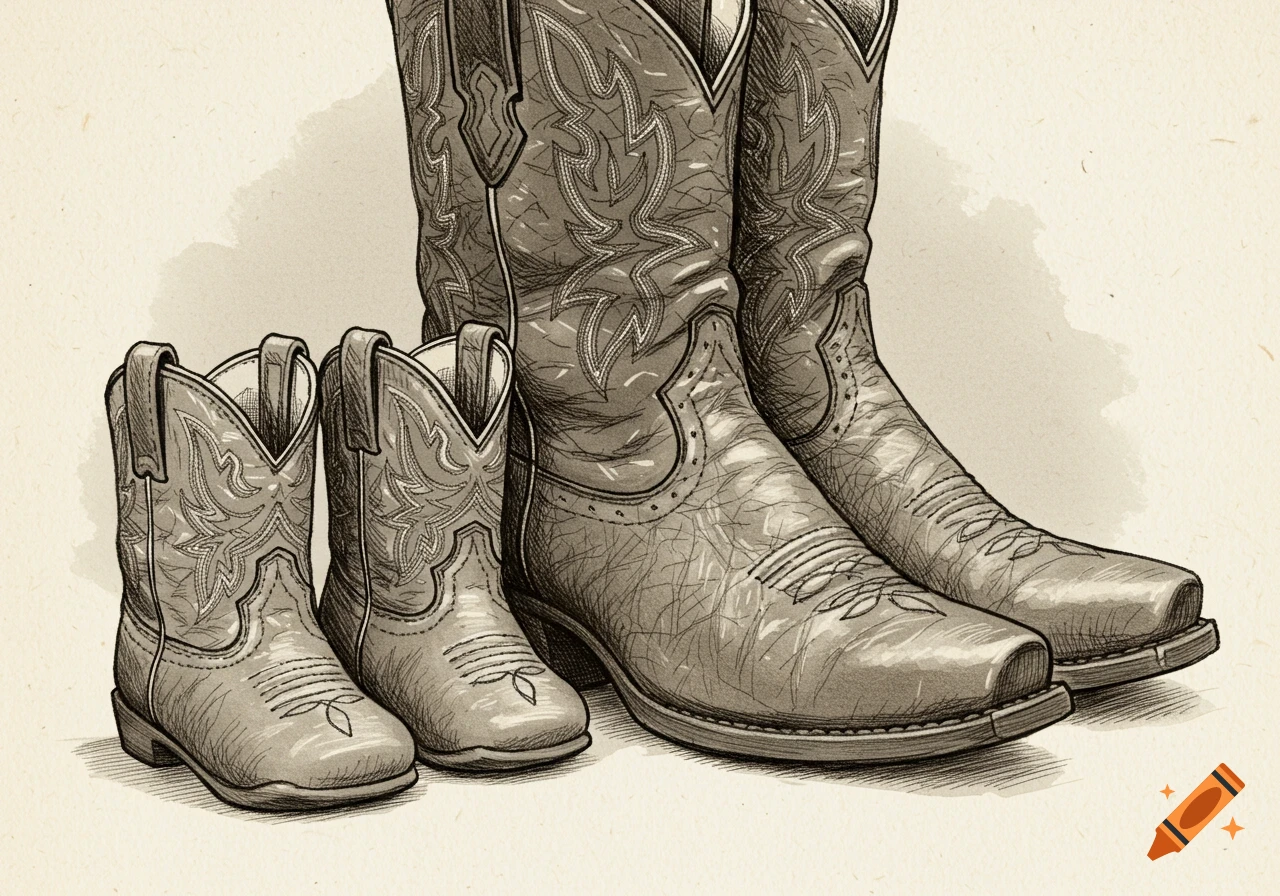 A vintage sketch of adult and baby cowboy boots.