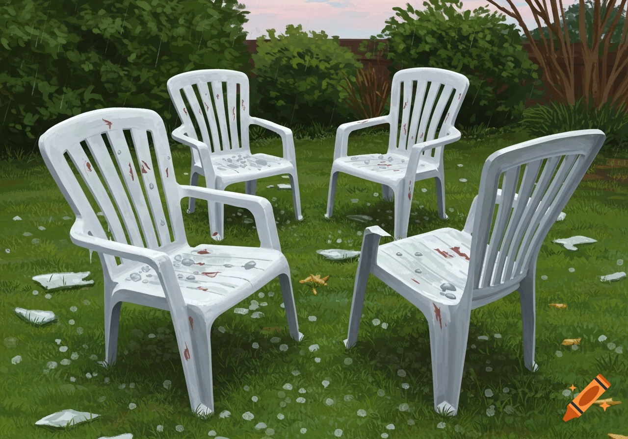 Four white plastic patio chairs stand in a grassy backyard under a light rain, covered in water and reddish-brown marks.