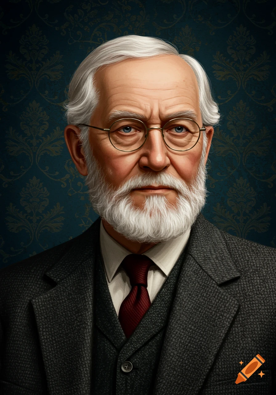 Illustrative portrait of an elderly man with a white beard, glasses, suit, and red tie against a patterned background.