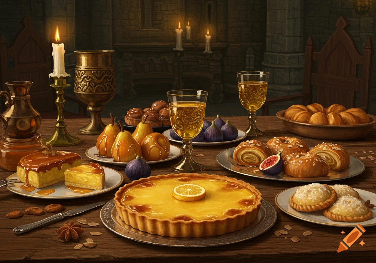 A lavish wooden table in a medieval hall laden with desserts including a large tart, cakes, pastries, pears, figs, and wine glasses, lit by candles.