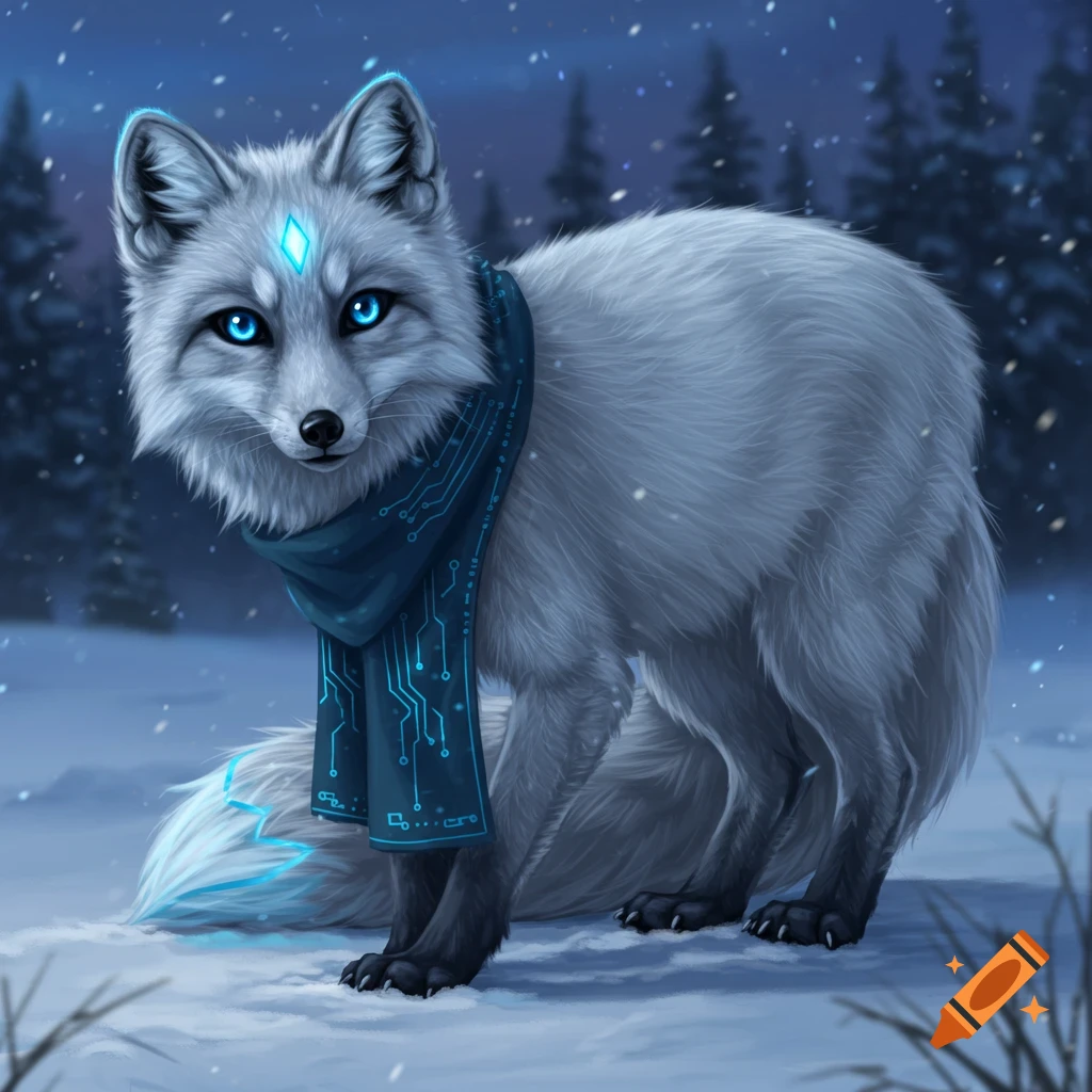 An arctic fox with bright electric blue eyes and a glowing diamond on its forehead stands in snow, wearing a dark blue scarf with subtle tech patterns. Snow falls in a mystical winter forest scene.