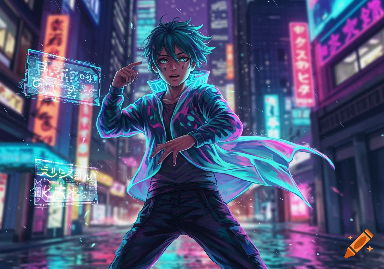 Anime boy in a vibrant, neon-lit cyberpunk city, with holographic displays.