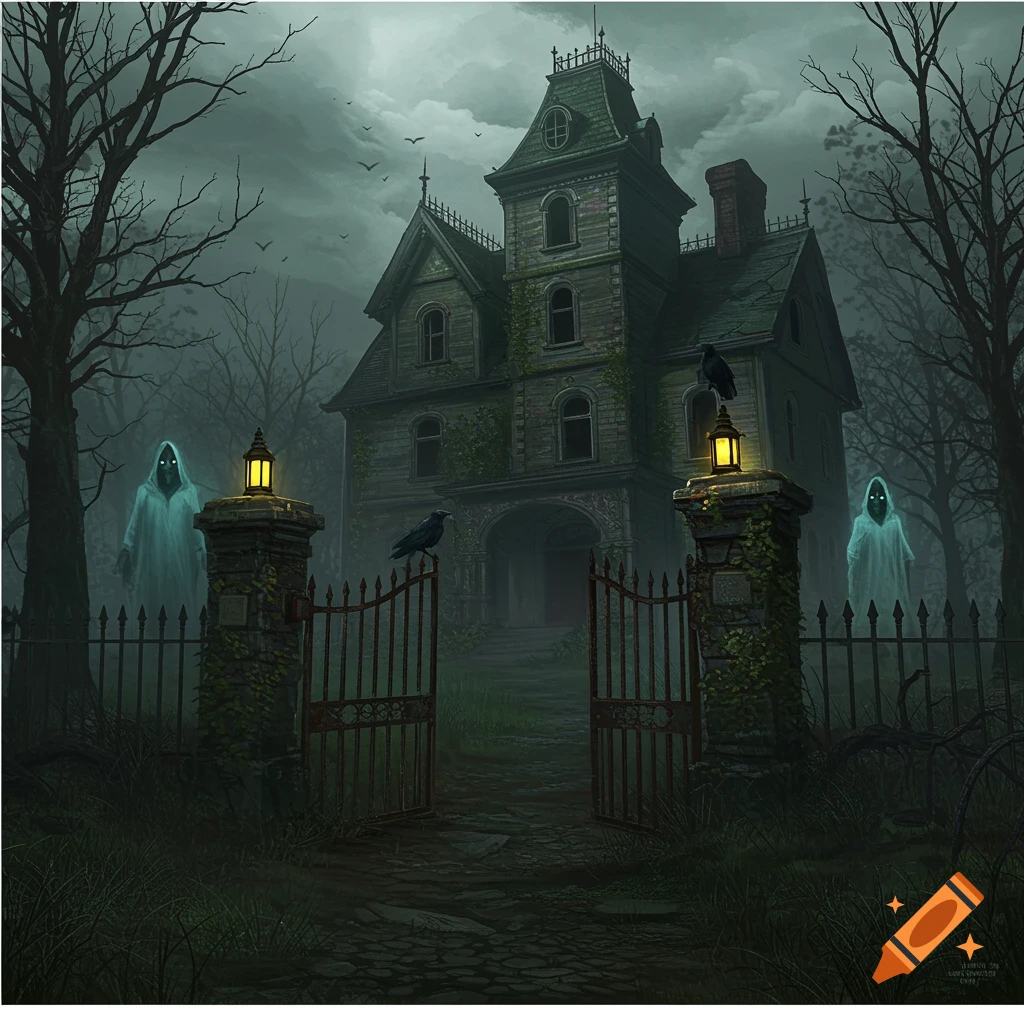 A dark, spooky haunted mansion with open gates, glowing ghosts, and crows under a cloudy sky.